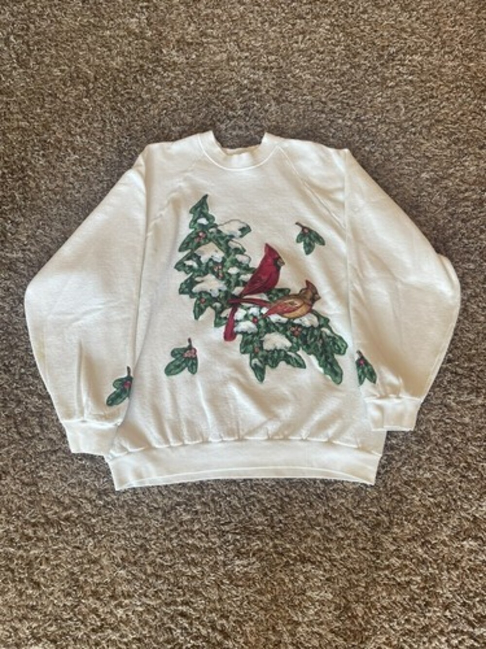 Vintage Ugly Christmas Sweatshirt Cardinal Red Bird Tree White FOTL Size XL